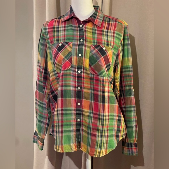 Lauren Ralph Lauren Black Label Madras Plaid Linen Shirt Size M Roll Tab Sleeves - Picture 1 of 6